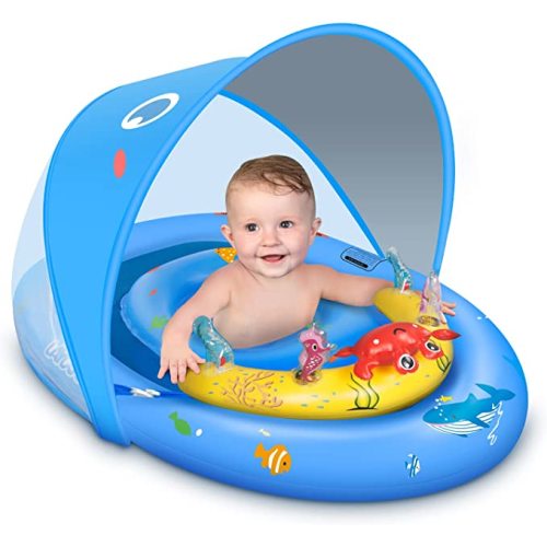LAYCOL Baby Pool Float with UPF50+ Sun Protection Canopy & Toy Play Console, Inflatable Pool Float for Pool, Baby Swimming Float with Adjustable Safety Seat, Toddler Float for 6-36 Months Boys Girls