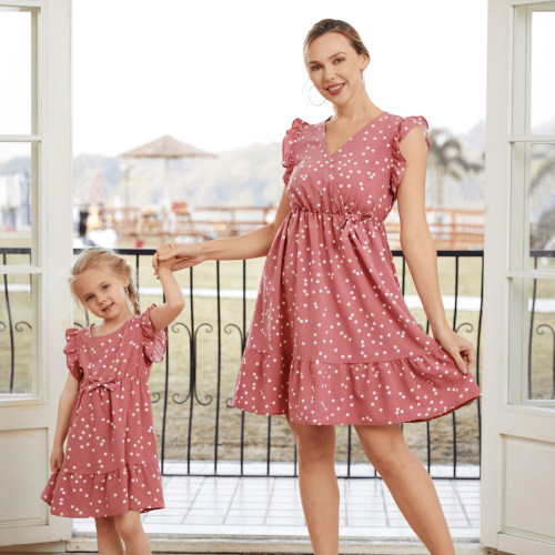 PatPat Family Matching Dresses White Kids Girl 8-9T All Over Dots Pink Cross Wrap V Neck Ruffle Flutter-sleeve Dress for Mom and Me, Girl Dresses