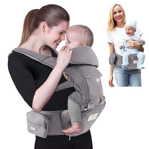 FRUITEAM 6-in-1 Baby Carrier with Waist Stool/Hip Seat for Breastfeeding, One Size Fits All - Adapt to Newborn, Infant & Toddler (Greyish)