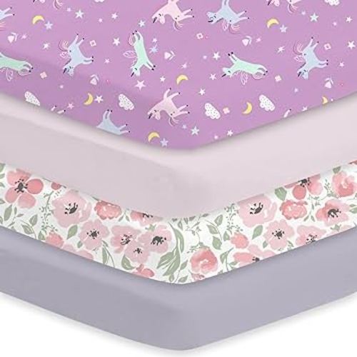 Little Grape Land Crib Sheets 4 Pack for Boys and Girls, Baby Neutral Crib Fitted Sheets for Standard Crib & Toddler Mattress, Super Soft Breathable Fitted Crib Sheet Set, Daliah & Unicorn