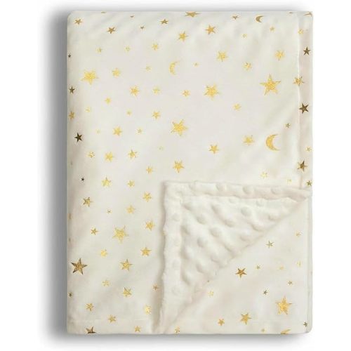 Baby Blanket for Boys Girls Soft Minky with Double Layer Dotted Backing, Star and Moon Printed 30 x 40 Inch Receiving Blanket (Beige)