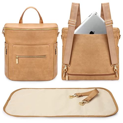 miss fong Diaper Bag Backpack Baby Diaper Bag, Large Leather Diaper Backpack with 16 Pockets Travel Diaper Bag with Diaper Changing Pad, Pañaleras Para Bebe for Moms(Convertible, Peanut)