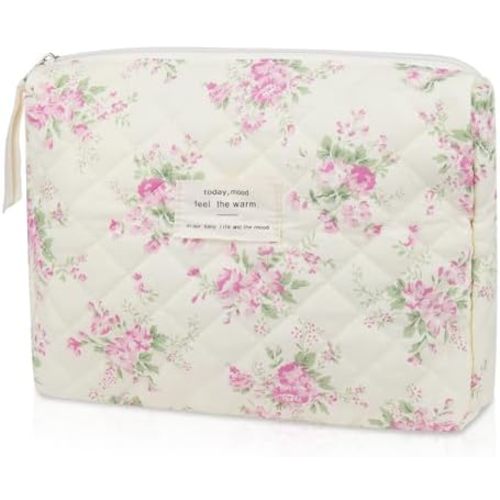 Gosect Floral Makeup Bag, Small Cosmetic Bag for Women Girls, Cute Cotton Makeup Bag, Quilted Makeup Bags, Flower Travel Toiletry Organizer Bag(Pink Flower)