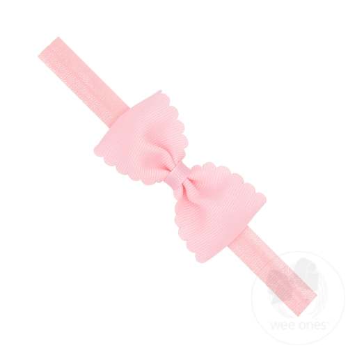 Small Scalloped Edge Grosgrain Bowtie on Matching Elastic Band - LT PINK / INFANT (6-24 MONTHS) | Wee Ones Hair Bows & Accessories
