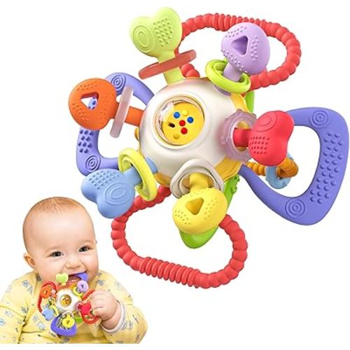 Infinno Baby Teething Toy & Rattle with Pull Ring – BPA-Free Silicone Sensory Toy for Infants 0–12 Months – Easy-Grip Travel Toys for On-the-Go Play,Teething,Shaking – Baby Toys for Boys & Girls