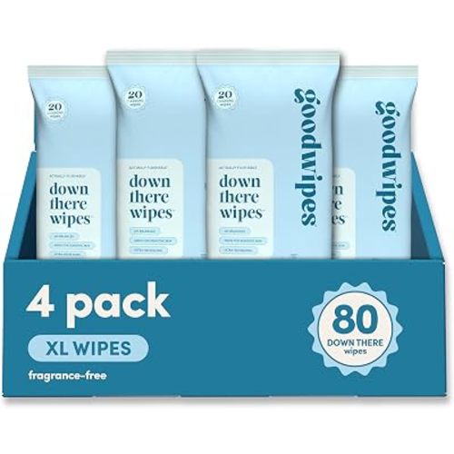 goodwipes Down There Wipes - Unscented Flushable Feminine Wipes for Women, pH Balanced for Sensitive Skin, Septic Safe, Feminine Hygiene, Travel Size - Fragrance-Free, 80 Count (4 Packs of 20)