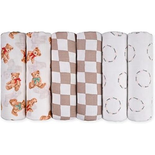 GLLQUEN BABY Receiving Blanket Boy Cotton Muslin Swaddle Blankets Girl Newborn Squares Breathable & Soft Thin Baby Blankets Cloths Double Absorbent Infant Swaddling Wrap - 6 Pack (Christmas Bear)