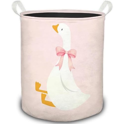 Pink Goose Nursery Laundry Basket, Coquette Preppy Pink Bow Goose Foldable Laundry Hamper With Handles Clothes Toys Storage Basket for Baby Girl Nursery Kids Bedroom Bathroom