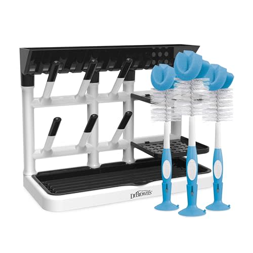 Dr. Brown's Drying Tower, Stand-Up Rack with Reusable Sponge Baby Bottle Cleaning Brush Set, 3-Pack, Blue