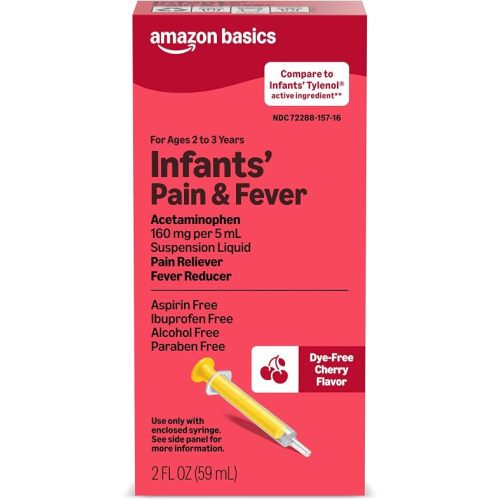 Amazon Basics Infants' Pain & Fever, Acetaminophen 160 mg per 5 mL, Suspension Liquid, Dye-Free Cherry Flavor, 2 fl oz (Pack of 1) (Previously Care)