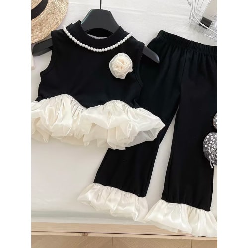 3-4Y 2025 Girls Spring Summer Sweet Elegant Style Comfortable Generous Chest White Flower Pendulum and Pants Splicing White for Lotus Leaf Edge Girls Dress Casual Daily Wear Birthday Party Family Party, Perfect for Outdoor