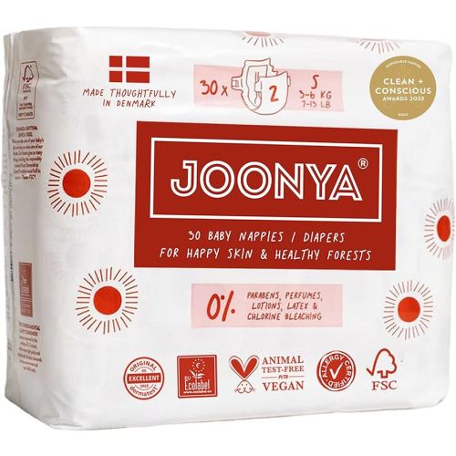 Joonya Baby Diapers, Size 2 S (7-13 lb) - 1 Bag of 30 - New Range - NonToxic, Eco-Friendly, Ultra Slim, Overnight Use - Made in Denmark