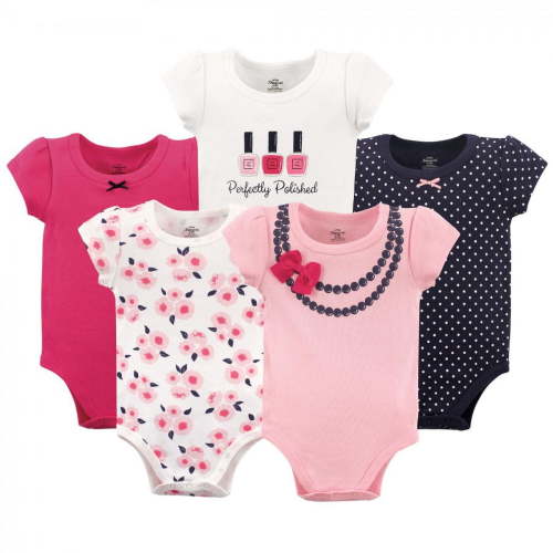 Little Treasure Baby Girl Cotton Bodysuits 5pk, Bow Necklace, 6-9 Months