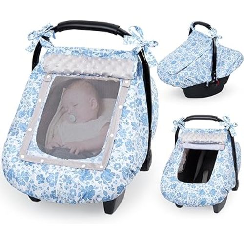 FIOBEE Baby Car Seat Cover, Car Seat Covers for Babies Infant Car Seat Canopy with Breathable Mesh Window Waterproof Carseat Cover for Babies Boy Girl 4 Seasons, Ice Blue Floral