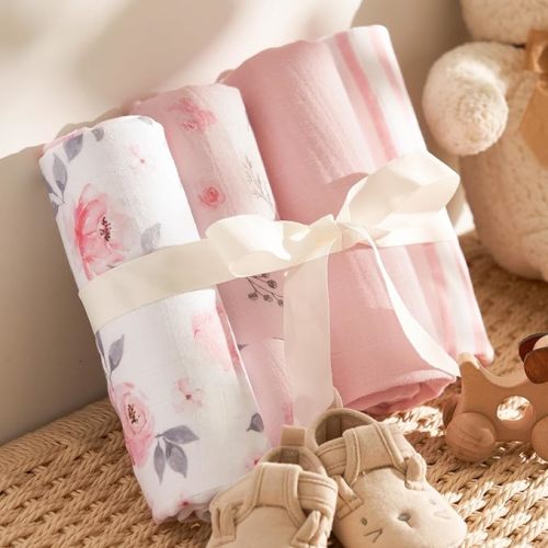 PHF Muslin Swaddle Blankets for Newborn, 4 Pack Organic Soft Breathable Receiving Blankets, Large 47x 47 Inches, Skin-Friendly Muslin Baby Swaddles for Girls, Baby Essentials Shower Gifts, Floral
