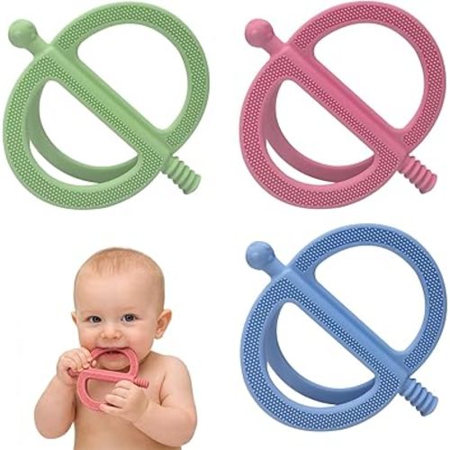3 Pack Baby Teething Toys, Anti Dropping Wrist Hand Teethers & Easy-Grip Teether Ring, Food-Grade Silicone for Teething Relief, Newborn Essentials Chew Toys 0-12 Months（Blue&Pink&Green）