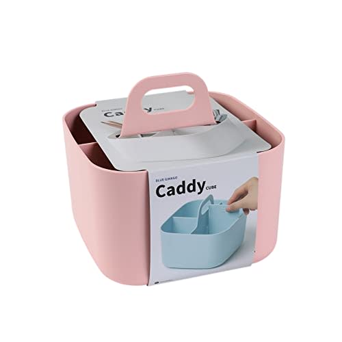BLUE GINKGO Small Stackable Organizer Caddy – Korean-Made Portable Tote for Bathroom, Office, Crafts, or School Supplies (Square, Pink)