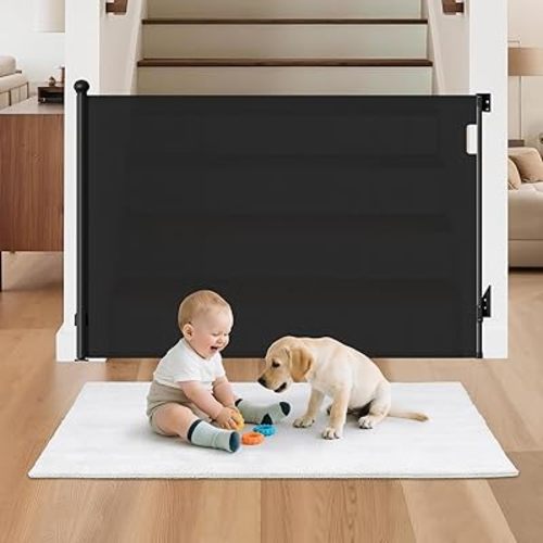 Retractable Baby Gate 38" Tall, 71" Wide Mesh Baby Gate for Doorways, Mesh Dog Gate Retractable with Auto-Tighten System, One-Hand Operation Indoor Pet Gate, Black