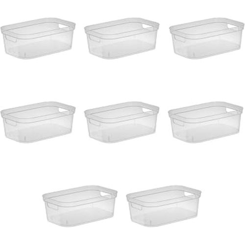 Clear Plastic Small Storage Bin Set of 8, with Carry Handles, Easy Access Design for Home Office Organization, 12.25 x 8 x 4.25 Inches