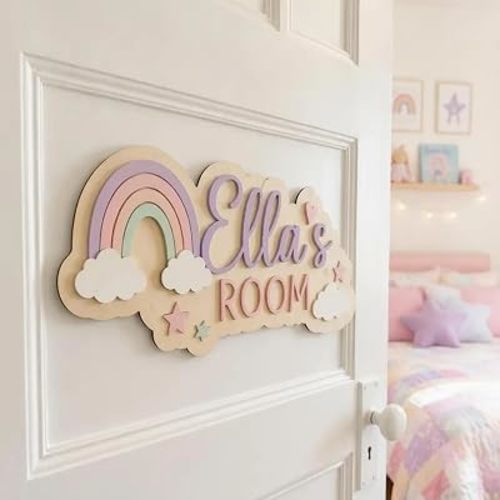 Personalized Wooden Rainbow Name Sign for Girls Room, Custom Nursery Name Sign, Baby Girl Room Decor, Kids Bedroom Door Hanger, Boho Wall Decor, Newborn Gift,11.81×7.87in