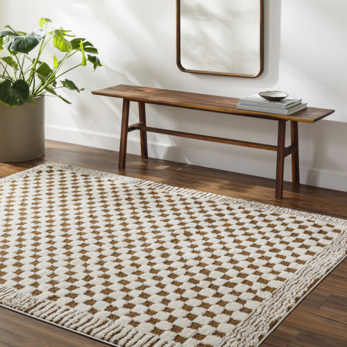 Camil Checkered Machine Woven Polyester Area Rug in Brown/Cream | Wayfair