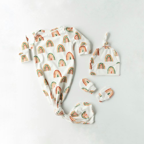 Rainbow Print Newborn Knotted Gown Set: Organic Cotton Coming Home Outfit