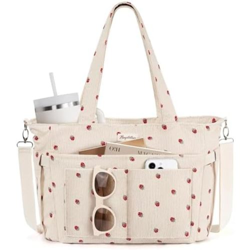 Corduroy Tote Bag for Women, 17 Pockets Lightweight Crossbody Bible Teacher Nurse Shoulder Bag for Daily School Travel Gym