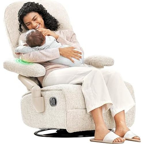 MAMAZING Nursery Swivel Glider Recliner Chair with Adjustable Armrests and Headrest, Low 15.3" Seat Height for Petite Moms, Silent Rocking Motion, Removable Cover, FSC and Oeko-TEX Certified, Beige