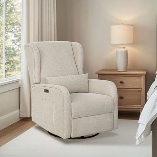 Madison Park Recliner & Rocking Chair: Glider Recliner Nursery Chair with Lumbar Pillow, Swivel Rocker Recliner 3-in-1 Accent Chair with Side Pocket for Living Room Bedroom & Small Spaces, Beige