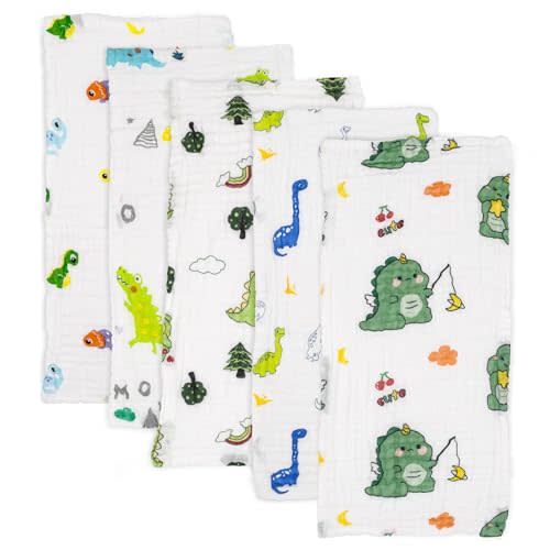 Baby Muslin Burp Cloths 5 Pack Dinosaur Burping Rags Super Soft Face Towel 100% Organic Cotton 20x10 Inches