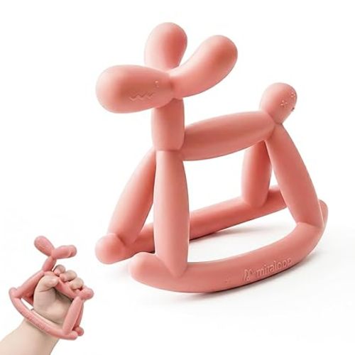 Teething Toy for Baby 0-6, 12, 18 Months Infant, Jellydog Never Drop Food Grade Silicone Rocking Teether, Prevent Choking & Odorless, Less Dust and Hair Adhesion, Baby Gift, Coral Red