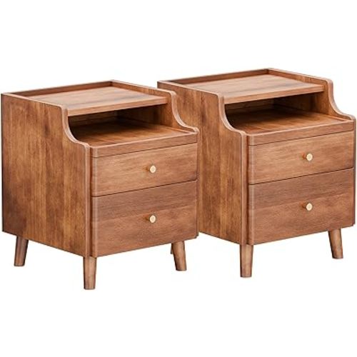 Nightstand Set of 2, Pre-Assembled, 19.7“H Solid Wood Night Stand with 2 Drawers, Open Sliding Shelf, Mid Century Modern Small Bedside Table for Bedroom, Walnut 16"