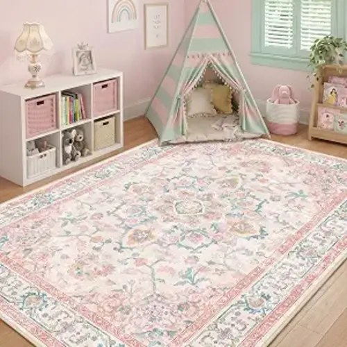 5x7 Washable Nursery Girls Low Pile Area Rug Pink Teal