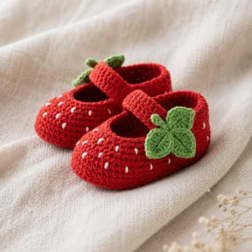 Handmade Crochet Strawberry Baby Girl Shoes, Red Mary Jane Crib Booties, Newborn Gift