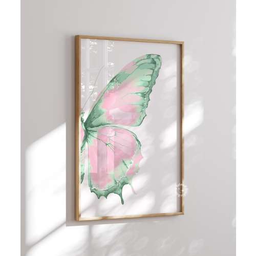 Split Butterfly Wing Wall Art: Pink, Green, Mint Dorm Decor - RIGHT Wing, Unframed
