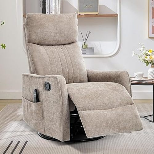 Swivel Rocker Recliner Chair, 360° Swivel Recliner with Heat and Massage, Rocker Recliner Nursery Glider Chair with Side Pockets for Living Room (Khaki 1, Fabric)
