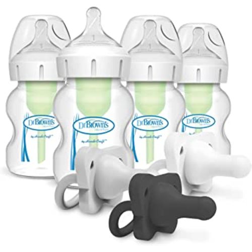 Dr. Brown’s Natural Flow® Anti-Colic Options+™ Wide-Neck Baby Bottle, 5 oz/150 mL, Level 1 Nipple, 4-Pack, 0m+ with HappyPaci 100% Silicone Pacifier 0-6m, BPA Free, Black, Cool Gray, White 3 Pack