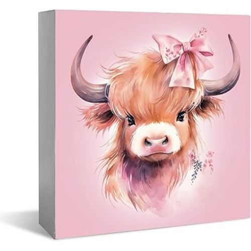 Pink Highland Cow Wooden Box Sign, Home Decor Cow Table Decor, Sign for Home Farmhouse Girls Room 5 x 5 Inch, white