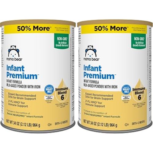 Amazon Brand - Mama Bear Infant Premium Milk-Based Baby Formula Powder with Iron, 2'FL HMO, Omega-3 DHA and Choline, Brain, Growth, Immunity, Non-GMO, 2.12 pound (Pack of 2)