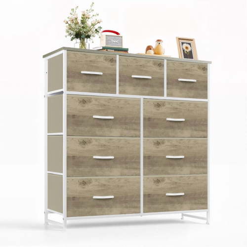 Simenmax 9 Drawers Dresser for Bedroom, Tall Fabric Closet Chests Organizer Tower Furniture with Wooden Top Metal Frame for Bed Room, Living Room, Hallway, Entryway,Oak Greige
