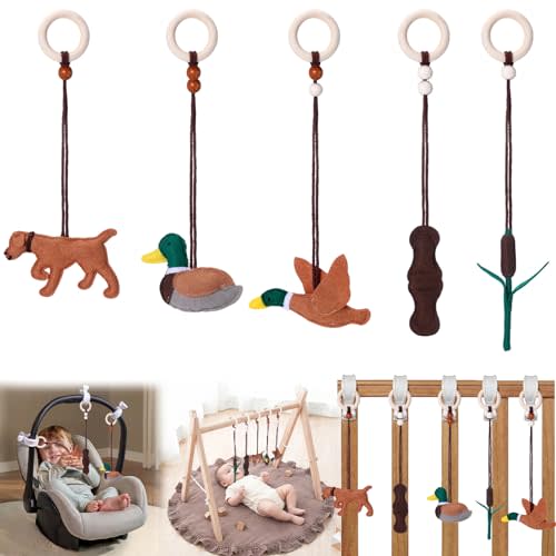 Simgoing 5 Pcs Baby Gym Hanging Toys Baby Wooden Felt Sensory Toys Wooden Activity Pendant for Home Nursery Decoration