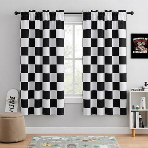 Rod Pocket & Back Tab Checkered Blackout Curtains, 2 Panels, 42*72
