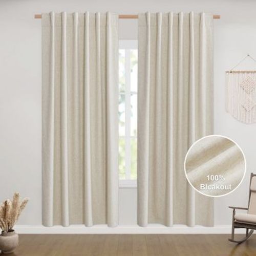 NICETOWN 100% Blackout Linen Curtains Thermal Insulated Burlap Window Drapes 2 Panels, 52W x 72L, Light Beige