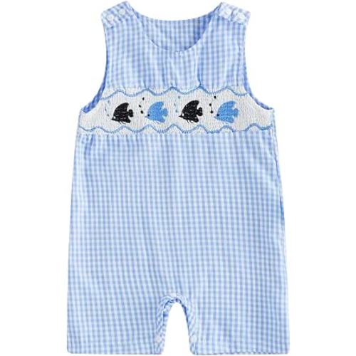 Karuedoo Newborn Baby Boy Summer Clothes Animal Embroidery Plaid Sleeveless Romper Jumpsuit Overall Bodysuit One-Piece Outfit