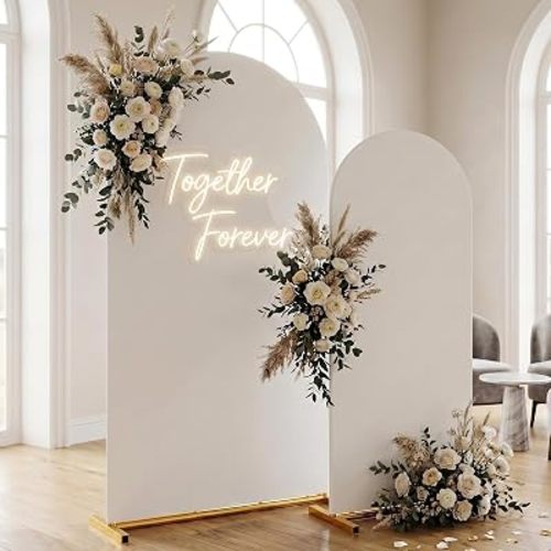 Arch Backdrop Stand with Cover Set, 7.2FT,6FT Gold Metal Wedding Arch for Ceremony, Heavy Duty Balloon Arch Stand with White Spandex Cover for Birthday Party, Baby Shower, Graduation