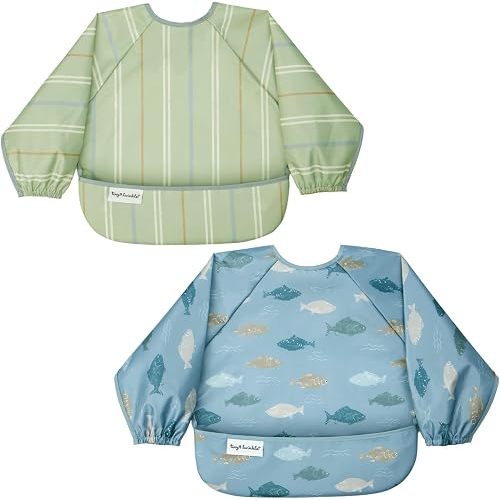 Tiny Twinkle Long Sleeve Bib for Babies&Toddlers|2-Pack Waterproof Smock Bib for Eating|Machine Washable&Mess-Proof Feeding Essentials|Newborn Shower Gift(Heritage Stripe,Gone Fishing,6-24M)