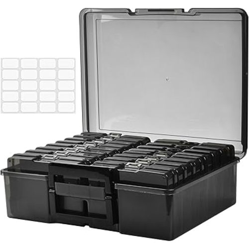 ALINK Photo Storage Box with Handle, 4" x 6" Photo Organizer Storage Container with 16 Inner Case and 1 Sheet Label for Pictures, Arts, Crafts, Sewing, Stickers, Seeds, Office Supplies - Black