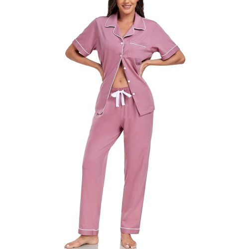 EA'S SECRET Womens 100% Cotton Pajama Sets Short Sleeve Shirt and Pajama Pants Soft Sleepwear Button Down Pjs for Women
