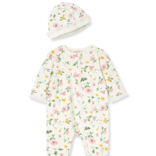 Floral Leaf 2-Way-Zip Footed One-Piece And Hat