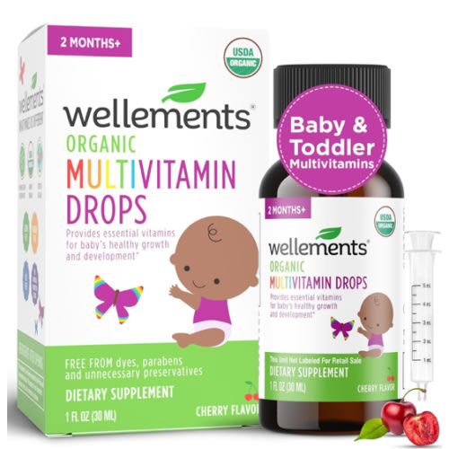 Wellements Organic Baby Multivitamin Drops (1 Fl Oz) - Cherry Flavor Liquid Multivitamins for Infants & Toddlers (2 Months+) - Toddler Vitamins for Immune Support*, Healthy Growth & Bone Development*